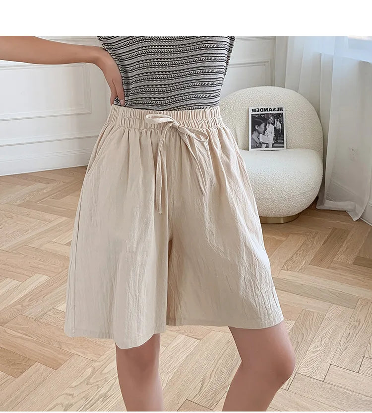 2026 Women Cotton Shorts Summer Casual Solid Two Pockets Shorts High Waist Loose Shorts for Girls Soft Cool Female Shorts