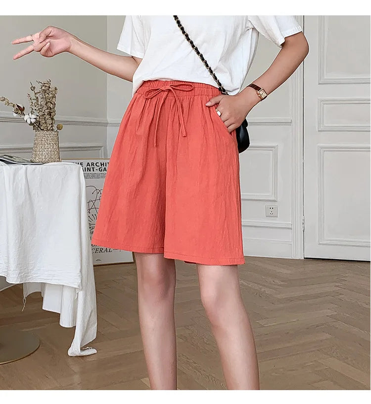 2026 Women Cotton Shorts Summer Casual Solid Two Pockets Shorts High Waist Loose Shorts for Girls Soft Cool Female Shorts