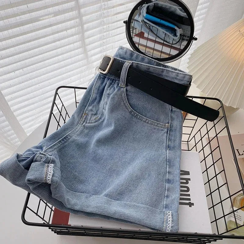 Korean Summer Wide Leg High Waist Denim Shorts With Belt Women Fashion Pocket Hot Pants Streetwear Casual Cowboy Jeans Shorts