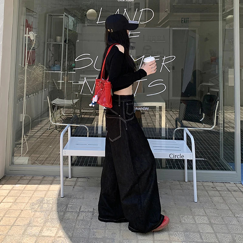 Y2k Clothes Jeans For Woman Baggy Loose Wide Leg Distressed Washed High Waist Trousers Streetwear Casual Long Pants
