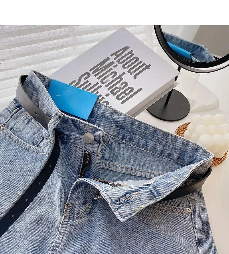 Korean Summer Wide Leg High Waist Denim Shorts With Belt Women Fashion Pocket Hot Pants Streetwear Casual Cowboy Jeans Shorts