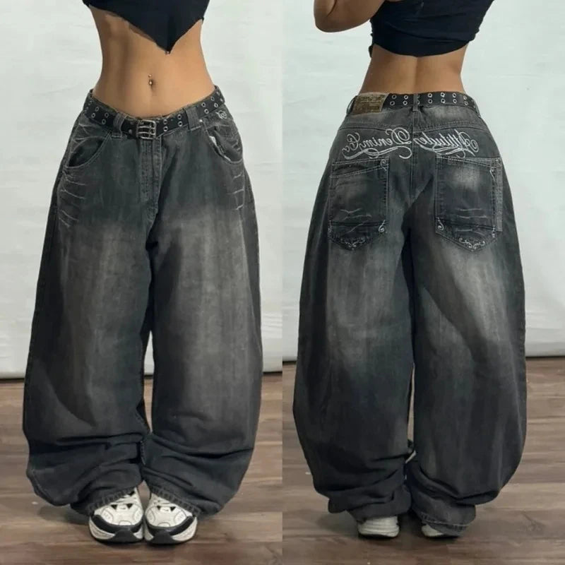 Streetwear New Fashion Oversized Print Baggy Jeans , High Waist Wide-leg Pants Trousers