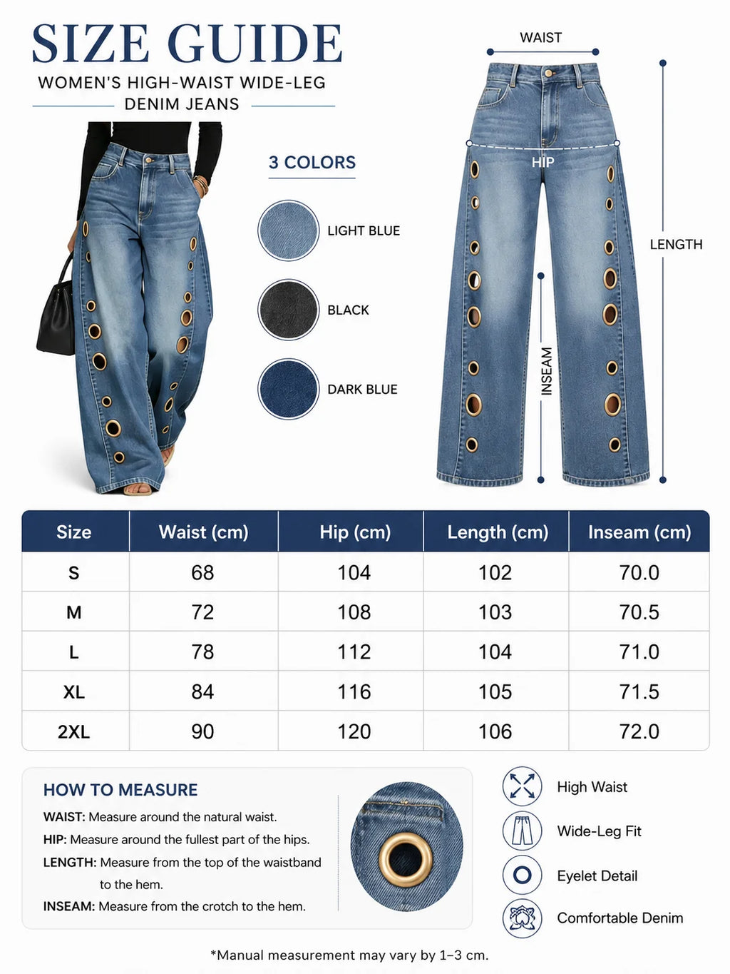 Women High Waist Wide Leg Jeans, Side Cutout Eyelet Rivet Denim Pants Loose Fit Hollow Out Flared Trousers Streetwear Fashion Baggy Jeans with Pockets