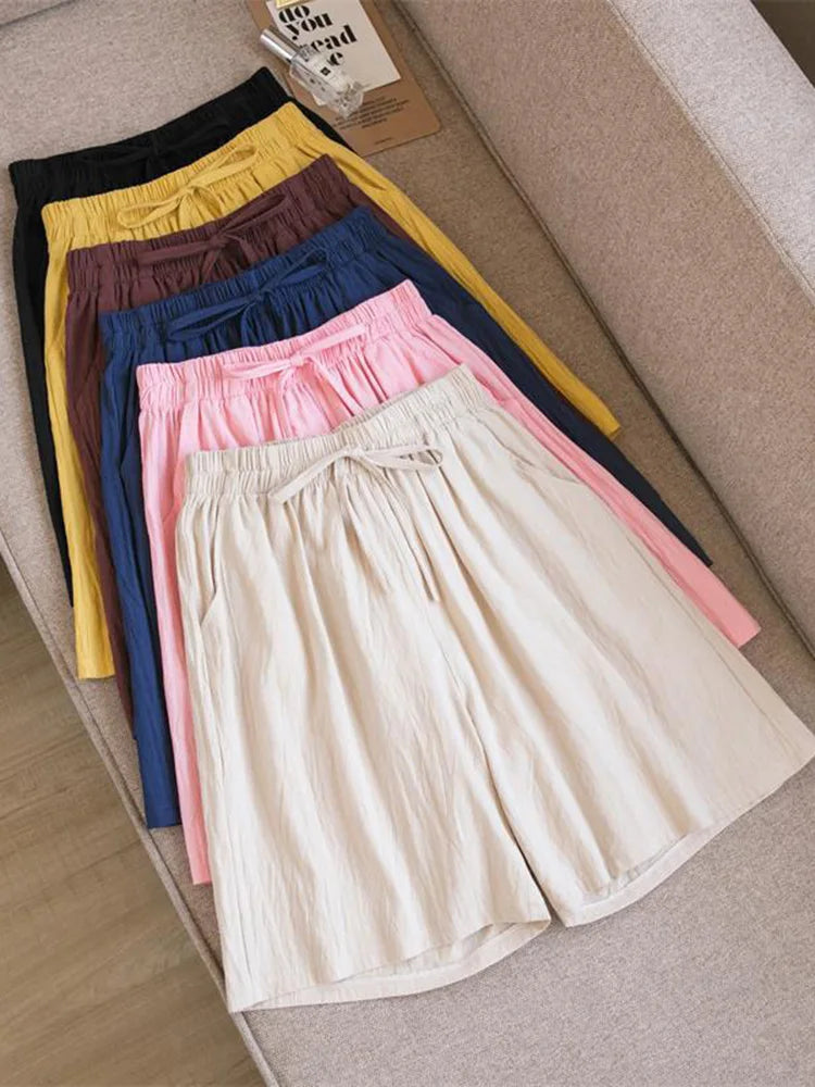 2026 Women Cotton Shorts Summer Casual Solid Two Pockets Shorts High Waist Loose Shorts for Girls Soft Cool Female Shorts