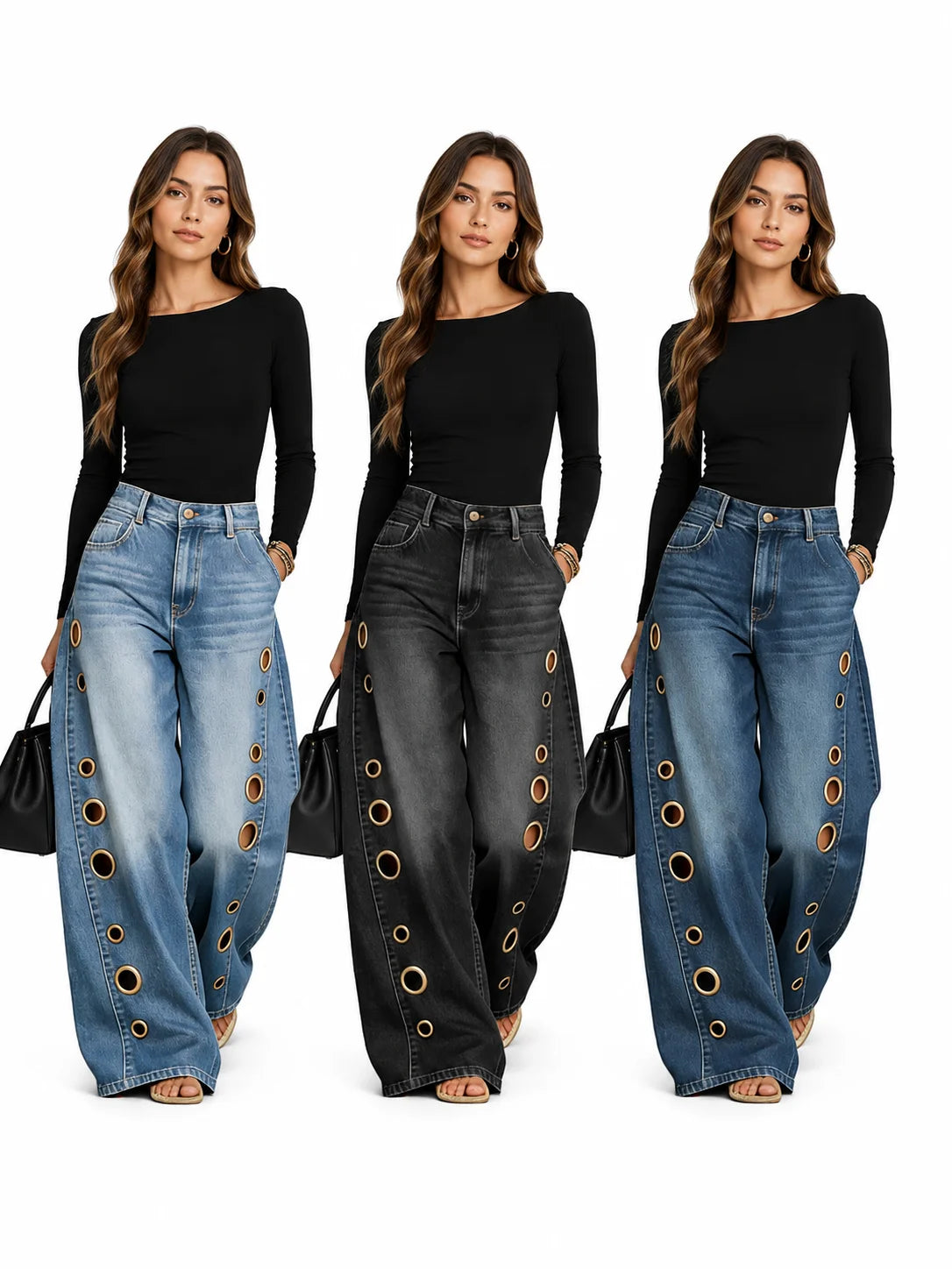 Women High Waist Wide Leg Jeans, Side Cutout Eyelet Rivet Denim Pants Loose Fit Hollow Out Flared Trousers Streetwear Fashion Baggy Jeans with Pockets