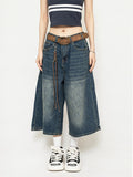 High Waist Black Retro Washed Denim Shorts Women's  Vintage Fashion Casual Loose Y2K Streetwear Mid Long  Wide Leg Pants