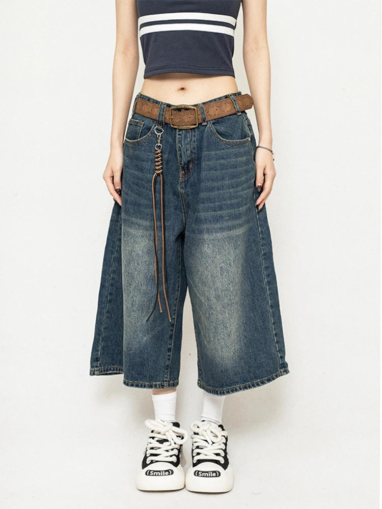 High Waist Black Retro Washed Denim Shorts Women's  Vintage Fashion Casual Loose Y2K Streetwear Mid Long  Wide Leg Pants