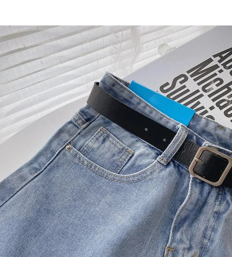 Korean Summer Wide Leg High Waist Denim Shorts With Belt Women Fashion Pocket Hot Pants Streetwear Casual Cowboy Jeans Shorts