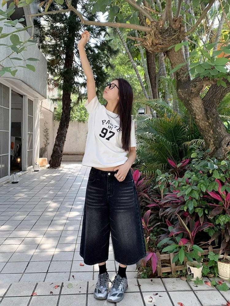 High Waist Black Retro Washed Denim Shorts Women's  Vintage Fashion Casual Loose Y2K Streetwear Mid Long  Wide Leg Pants