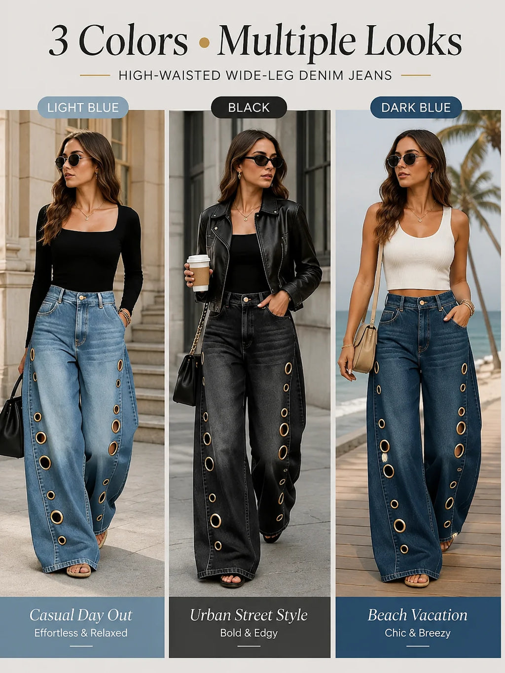 Women High Waist Wide Leg Jeans, Side Cutout Eyelet Rivet Denim Pants Loose Fit Hollow Out Flared Trousers Streetwear Fashion Baggy Jeans with Pockets