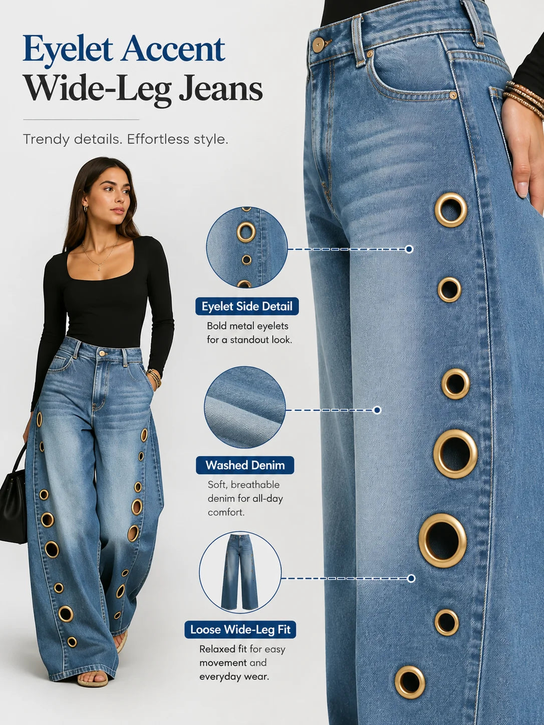 Women High Waist Wide Leg Jeans, Side Cutout Eyelet Rivet Denim Pants Loose Fit Hollow Out Flared Trousers Streetwear Fashion Baggy Jeans with Pockets