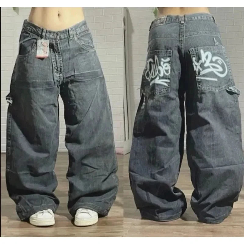 Streetwear New Fashion Oversized Print Baggy Jeans , High Waist Wide-leg Pants Trousers