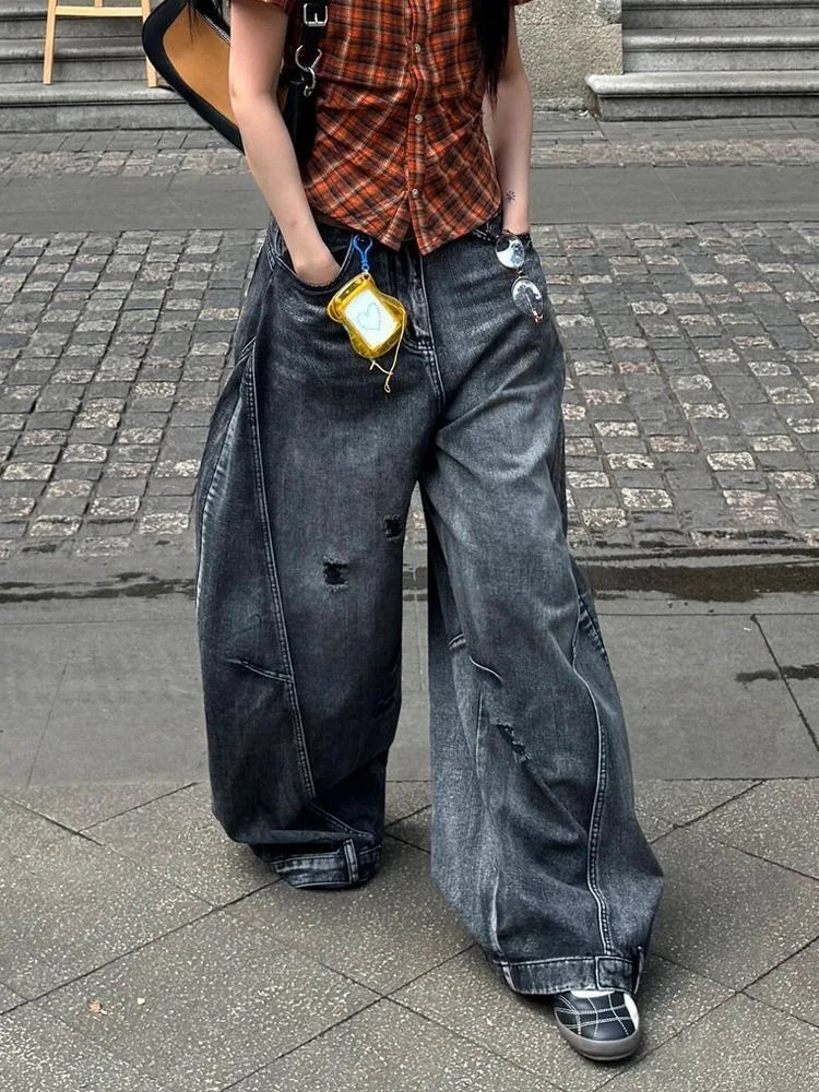 Black Jeans Women Vintage High Waisted Cargo Jeans Straight 2026 Summer Casual Loose Big Size Wide Leg Denim Baggy Pants