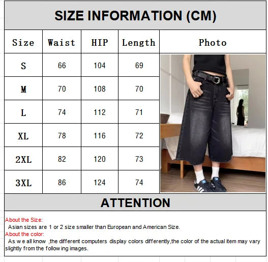 High Waist Black Retro Washed Denim Shorts Women's  Vintage Fashion Casual Loose Y2K Streetwear Mid Long  Wide Leg Pants