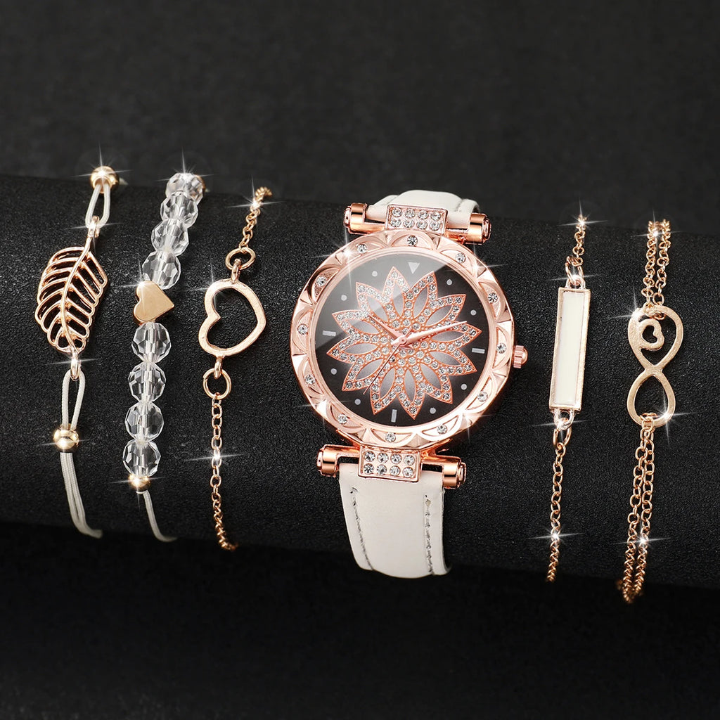 6PCS/Set Fashion Heart Dial Women's Watch Casual Leather Band Analog Quartz Watch Leaf Bracelets Set（Without Box）
