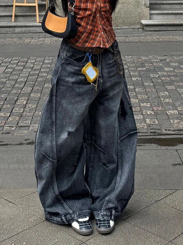 Black Jeans Women Vintage High Waisted Cargo Jeans Straight 2026 Summer Casual Loose Big Size Wide Leg Denim Baggy Pants