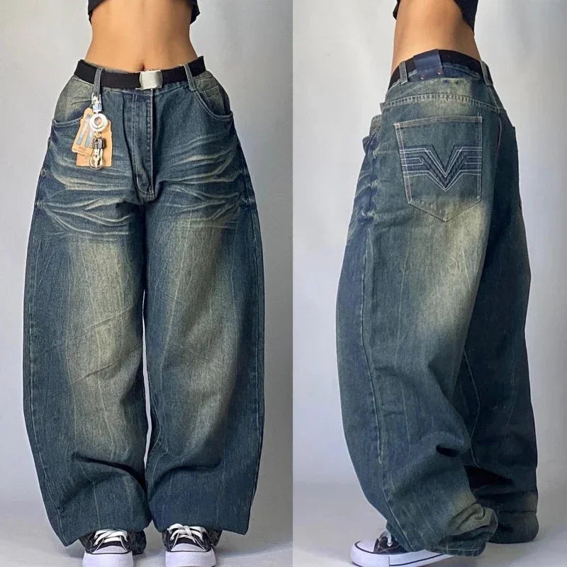 Streetwear New Fashion Oversized Print Baggy Jeans , High Waist Wide-leg Pants Trousers
