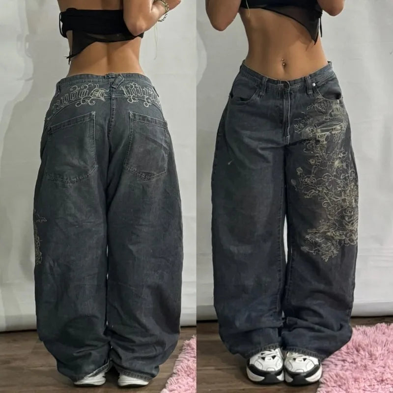 Streetwear New Fashion Oversized Print Baggy Jeans , High Waist Wide-leg Pants Trousers