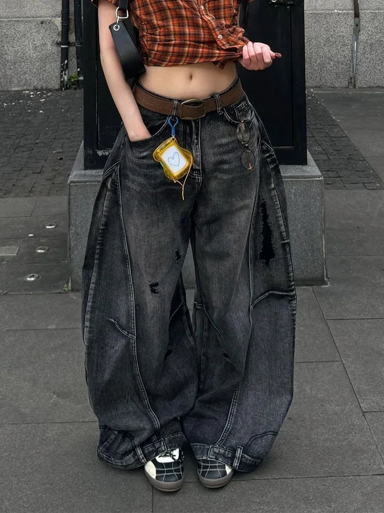 Black Jeans Women Vintage High Waisted Cargo Jeans Straight 2026 Summer Casual Loose Big Size Wide Leg Denim Baggy Pants