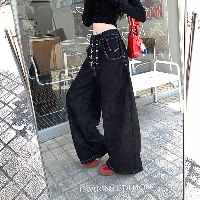Y2k Clothes Jeans For Woman Baggy Loose Wide Leg Distressed Washed High Waist Trousers Streetwear Casual Long Pants