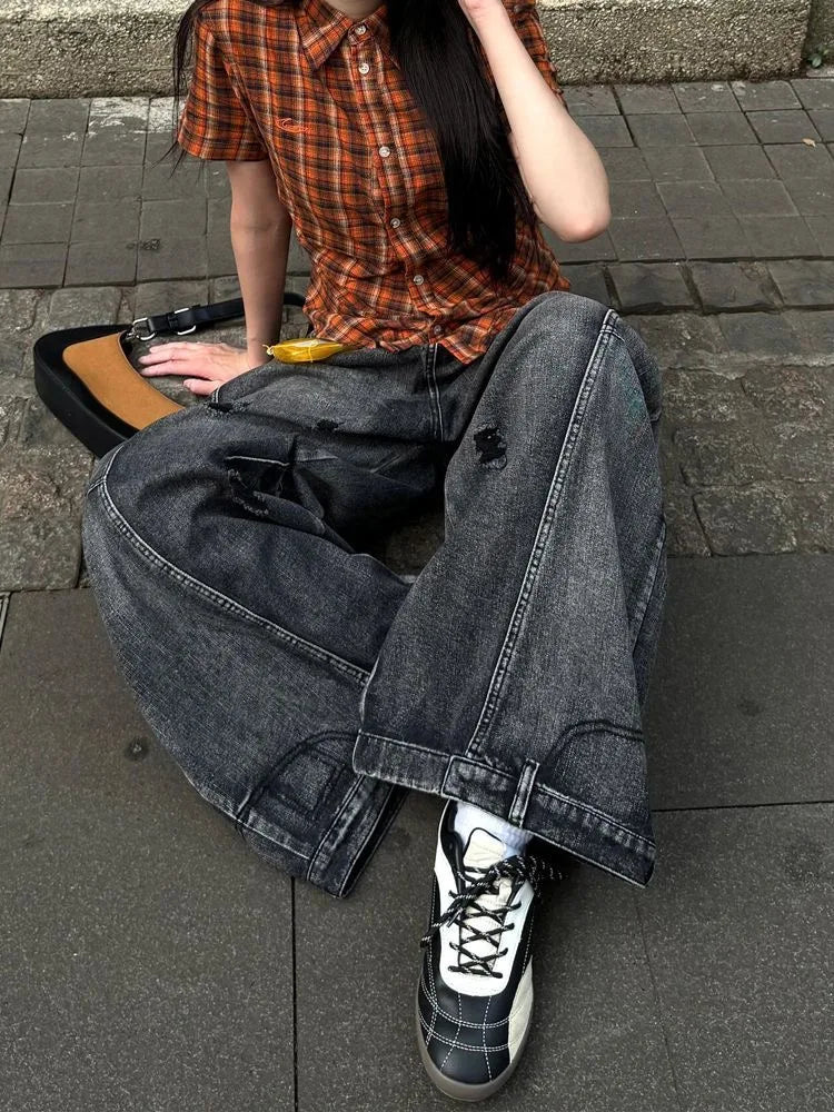 Black Jeans Women Vintage High Waisted Cargo Jeans Straight 2026 Summer Casual Loose Big Size Wide Leg Denim Baggy Pants
