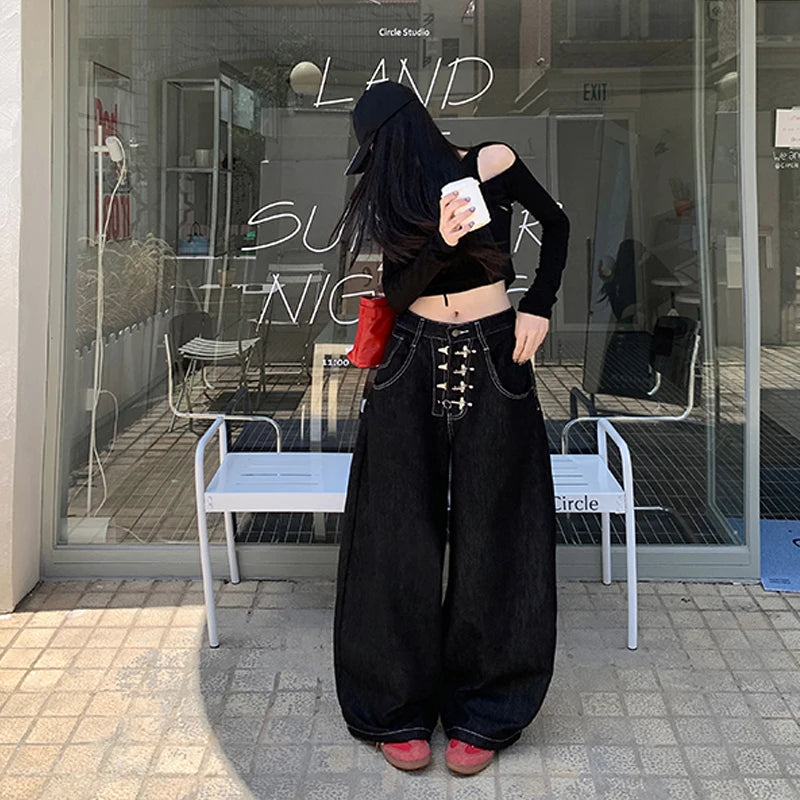 Y2k Clothes Jeans For Woman Baggy Loose Wide Leg Distressed Washed High Waist Trousers Streetwear Casual Long Pants