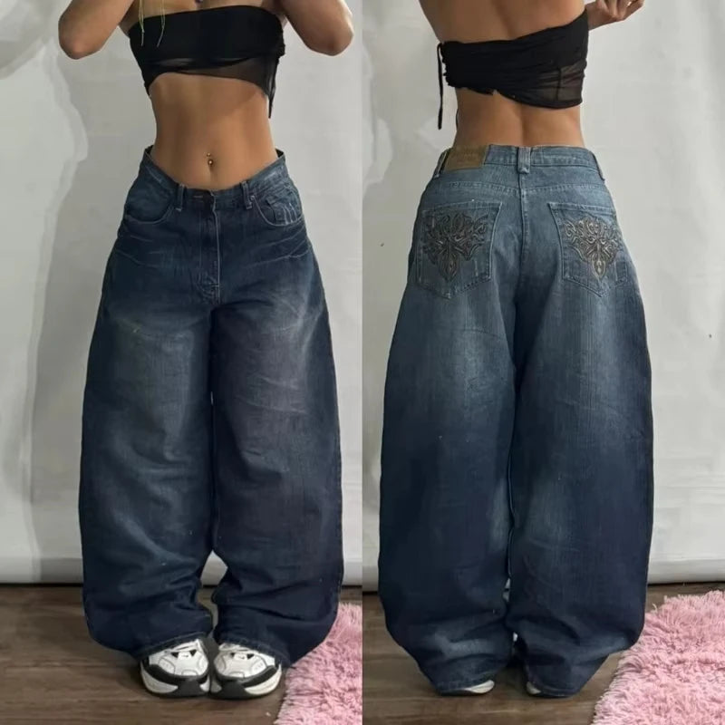 Streetwear New Fashion Oversized Print Baggy Jeans , High Waist Wide-leg Pants Trousers