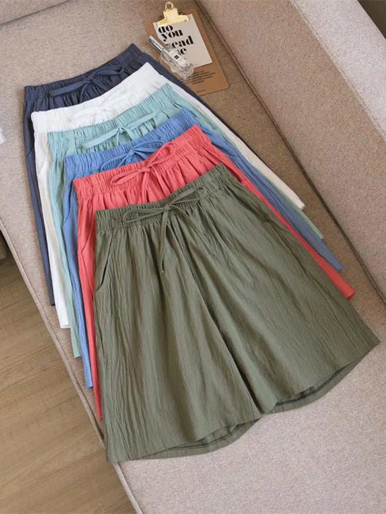 2026 Women Cotton Shorts Summer Casual Solid Two Pockets Shorts High Waist Loose Shorts for Girls Soft Cool Female Shorts