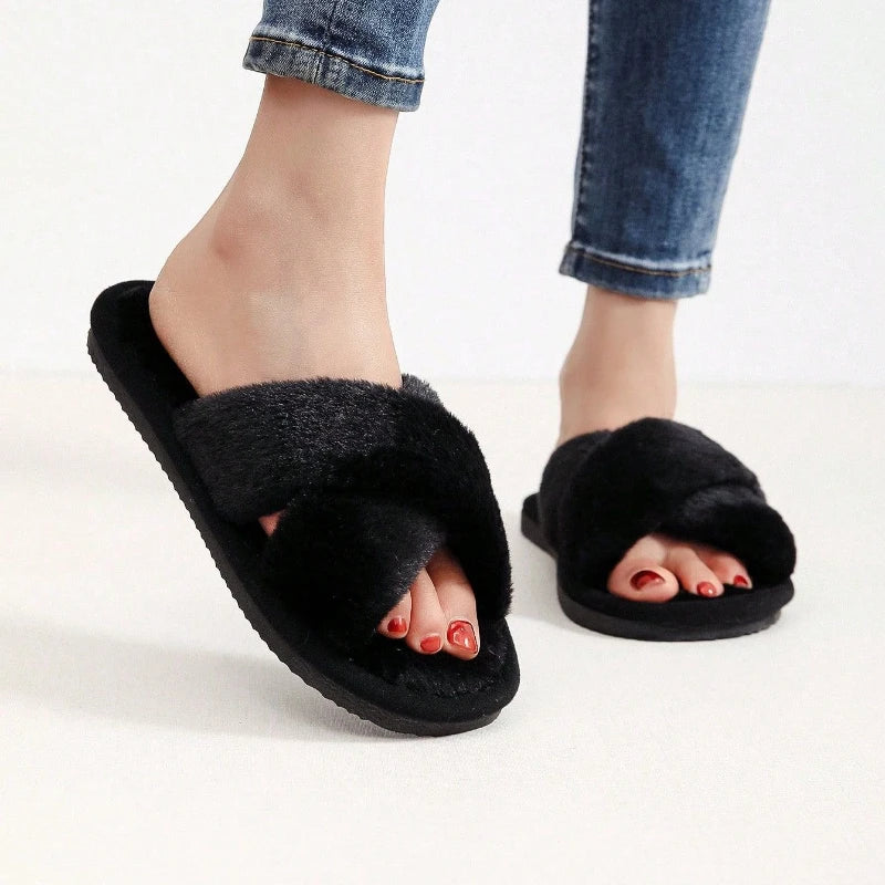 Autumn New Fashion Cross Strap Fur Slippers Women Indoor Light Warm Plush Home Slippers Woman Faux Fur Flat Heel Couple Slides