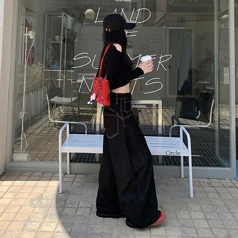 Y2k Clothes Jeans For Woman Baggy Loose Wide Leg Distressed Washed High Waist Trousers Streetwear Casual Long Pants