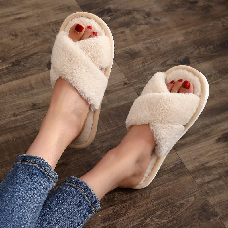 Autumn New Fashion Cross Strap Fur Slippers Women Indoor Light Warm Plush Home Slippers Woman Faux Fur Flat Heel Couple Slides