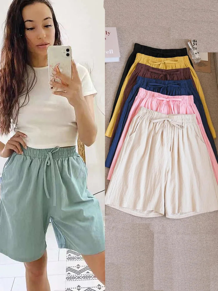 2026 Women Cotton Shorts Summer Casual Solid Two Pockets Shorts High Waist Loose Shorts for Girls Soft Cool Female Shorts