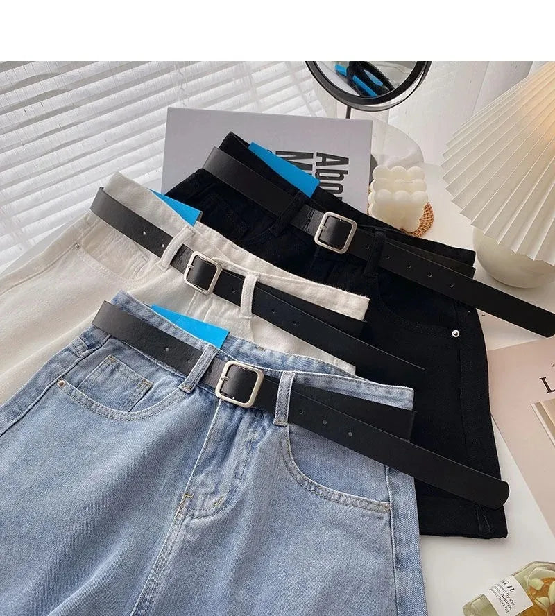 Korean Summer Wide Leg High Waist Denim Shorts With Belt Women Fashion Pocket Hot Pants Streetwear Casual Cowboy Jeans Shorts
