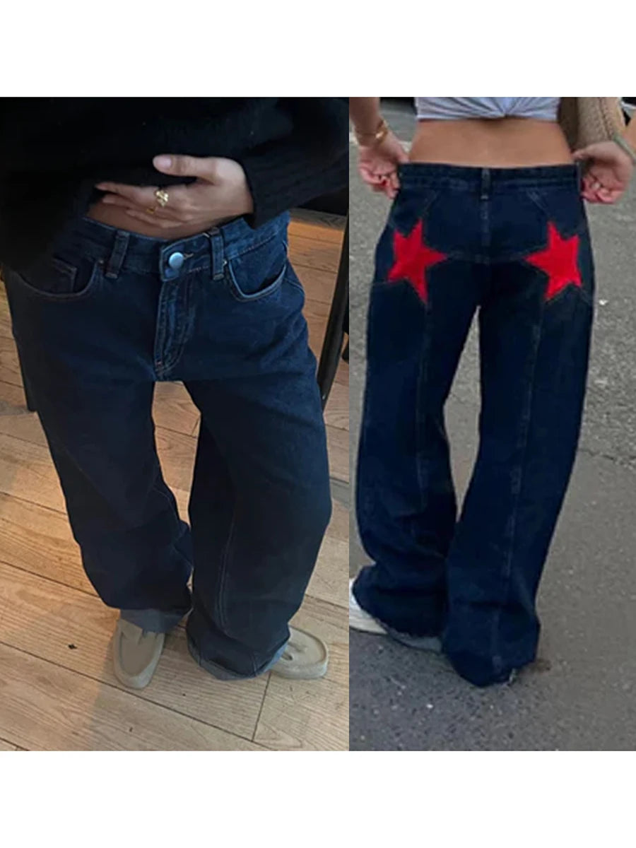 Women's Y2K Vintage Jeans Aesthetic Star Pattern Print Loose Straight Leg Denim Long Pants Casual Low Waist Trousers