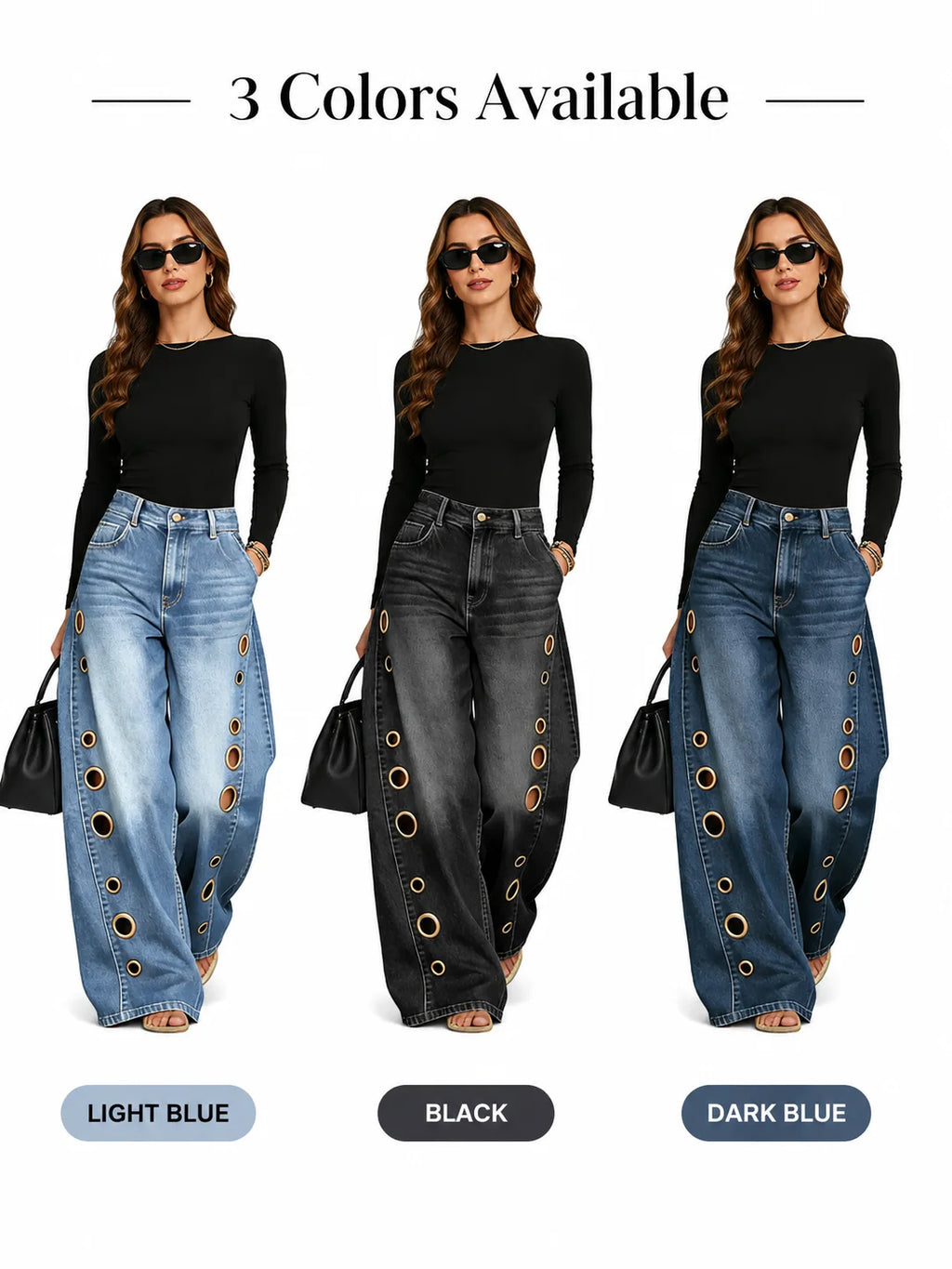 Women High Waist Wide Leg Jeans, Side Cutout Eyelet Rivet Denim Pants Loose Fit Hollow Out Flared Trousers Streetwear Fashion Baggy Jeans with Pockets
