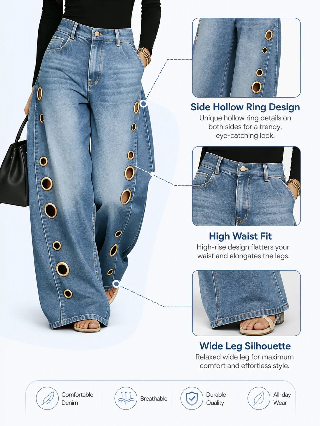 Women High Waist Wide Leg Jeans, Side Cutout Eyelet Rivet Denim Pants Loose Fit Hollow Out Flared Trousers Streetwear Fashion Baggy Jeans with Pockets