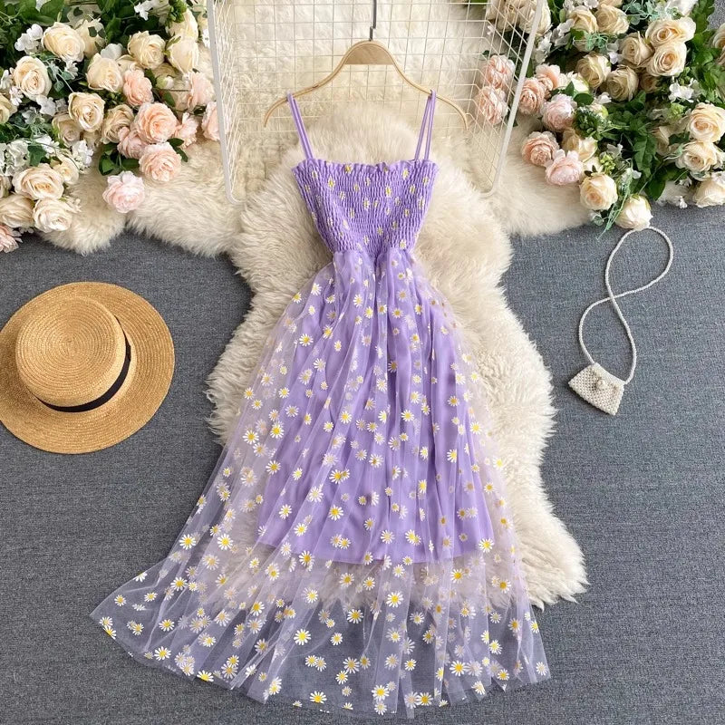 YuooMuoo Women Dress 2026 New Korean Fashion Delicate sleeveless dress with  floral accents, featuring a sheer overlay for a feminine and elegant look — perfect for summer outings or casual occasions.