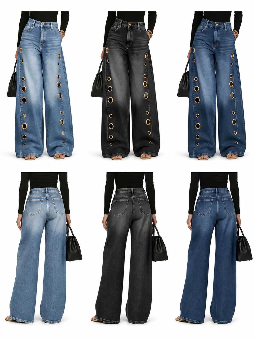 Women High Waist Wide Leg Jeans, Side Cutout Eyelet Rivet Denim Pants Loose Fit Hollow Out Flared Trousers Streetwear Fashion Baggy Jeans with Pockets