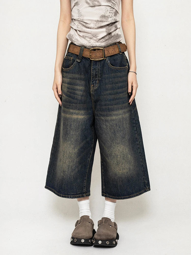 High Waist Black Retro Washed Denim Shorts Women's  Vintage Fashion Casual Loose Y2K Streetwear Mid Long  Wide Leg Pants
