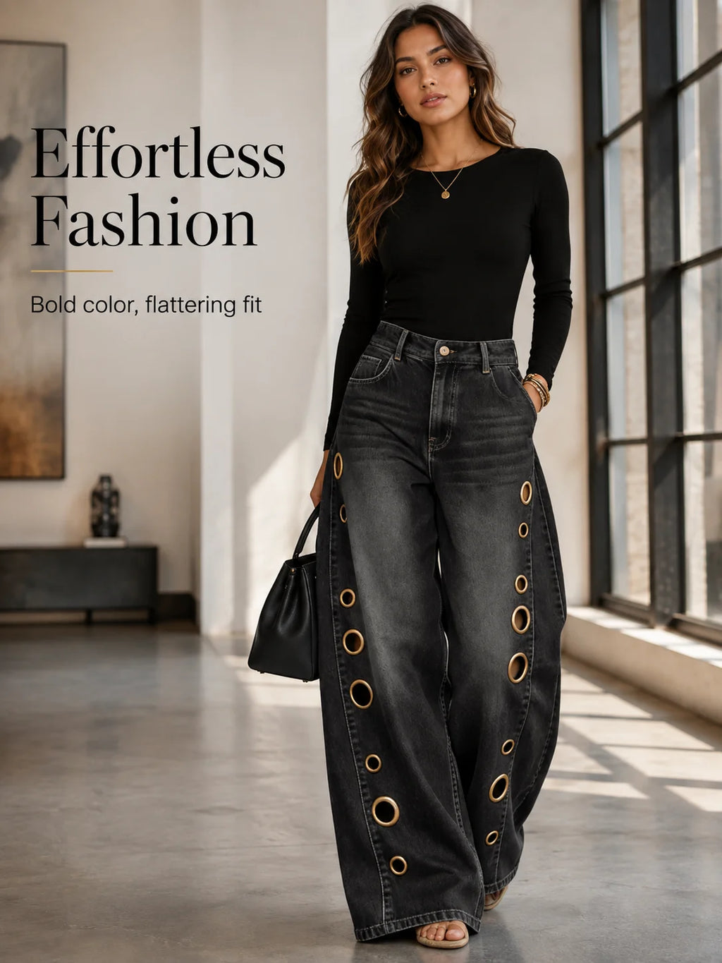Women High Waist Wide Leg Jeans, Side Cutout Eyelet Rivet Denim Pants Loose Fit Hollow Out Flared Trousers Streetwear Fashion Baggy Jeans with Pockets