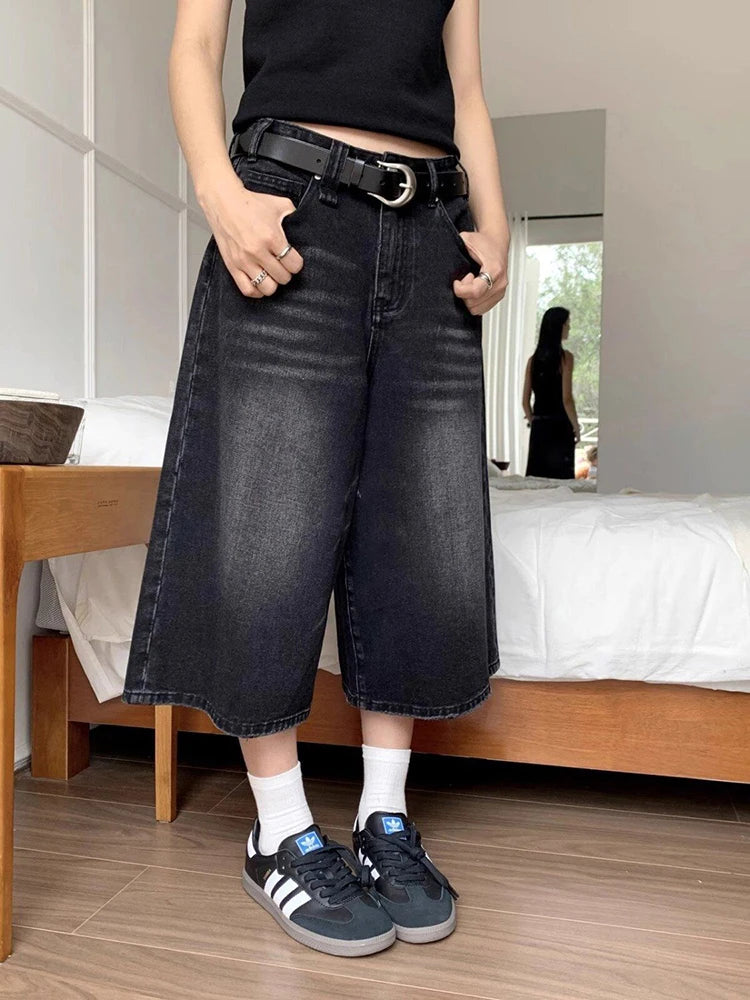 High Waist Black Retro Washed Denim Shorts Women's  Vintage Fashion Casual Loose Y2K Streetwear Mid Long  Wide Leg Pants