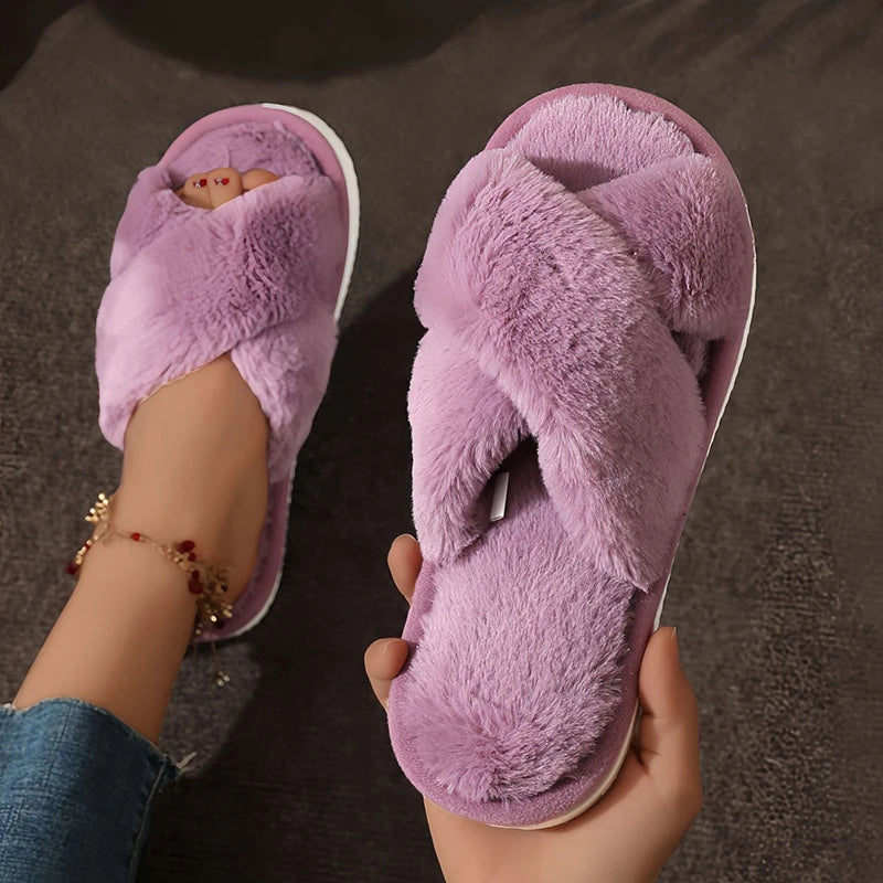 Autumn New Fashion Cross Strap Fur Slippers Women Indoor Light Warm Plush Home Slippers Woman Faux Fur Flat Heel Couple Slides