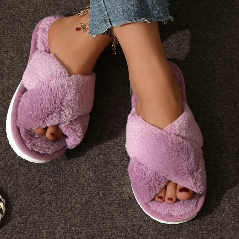 Autumn New Fashion Cross Strap Fur Slippers Women Indoor Light Warm Plush Home Slippers Woman Faux Fur Flat Heel Couple Slides