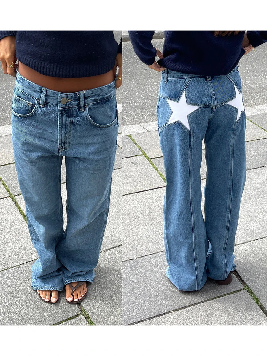 Women's Y2K Vintage Jeans Aesthetic Star Pattern Print Loose Straight Leg Denim Long Pants Casual Low Waist Trousers