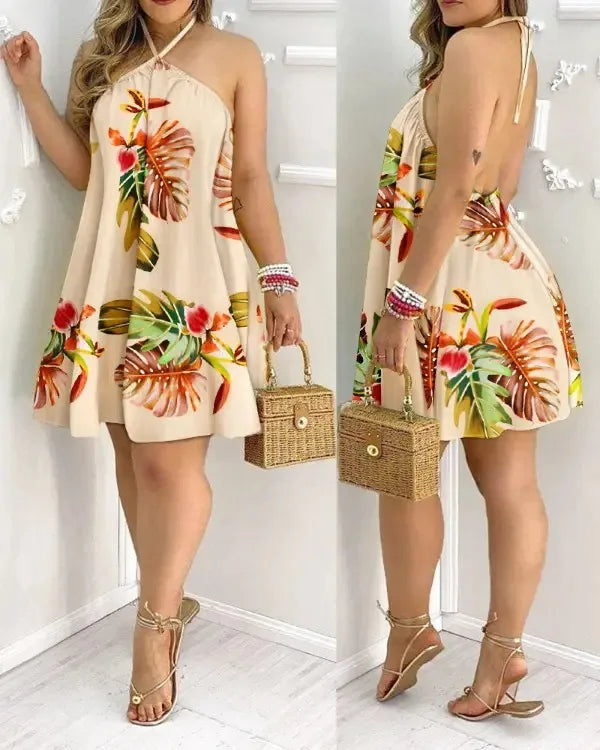 Women's 2026 Tropical Leaf Print Halter Neck Mini Dress Sleeveless Backless A-Line Summer Beach Sundress Casual