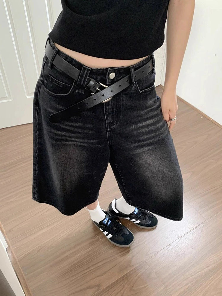 High Waist Black Retro Washed Denim Shorts Women's  Vintage Fashion Casual Loose Y2K Streetwear Mid Long  Wide Leg Pants
