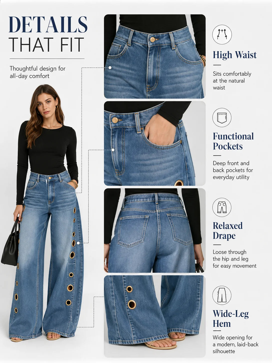 Women High Waist Wide Leg Jeans, Side Cutout Eyelet Rivet Denim Pants Loose Fit Hollow Out Flared Trousers Streetwear Fashion Baggy Jeans with Pockets