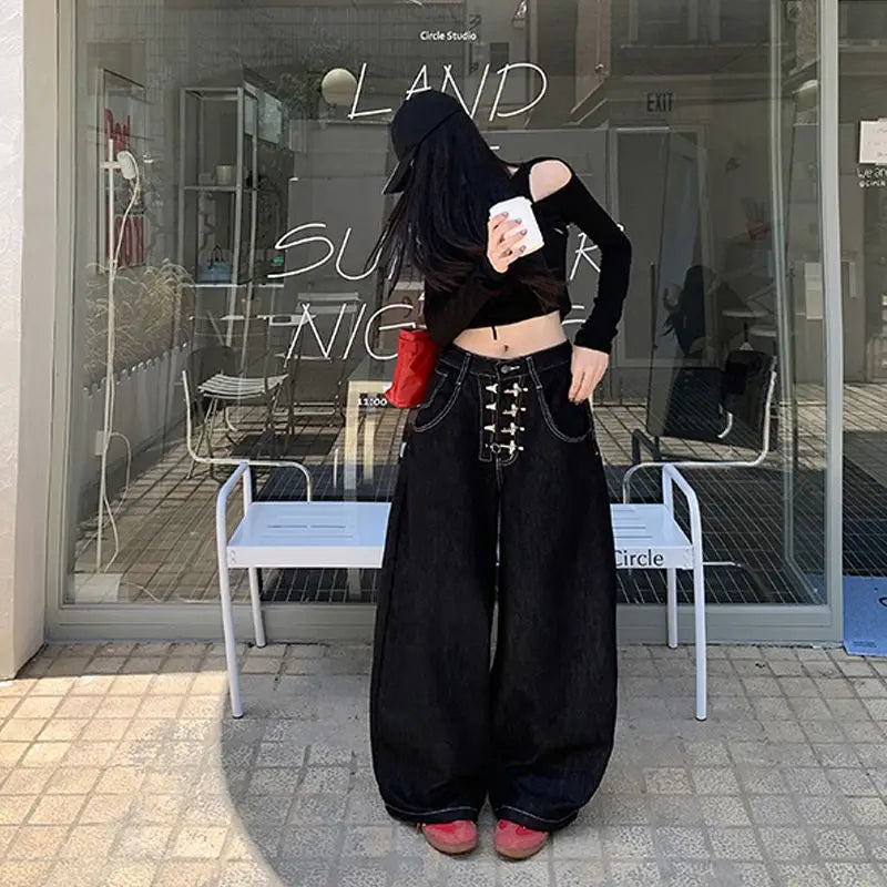 Y2k Clothes Jeans For Woman Baggy Loose Wide Leg Distressed Washed High Waist Trousers Streetwear Casual Long Pants