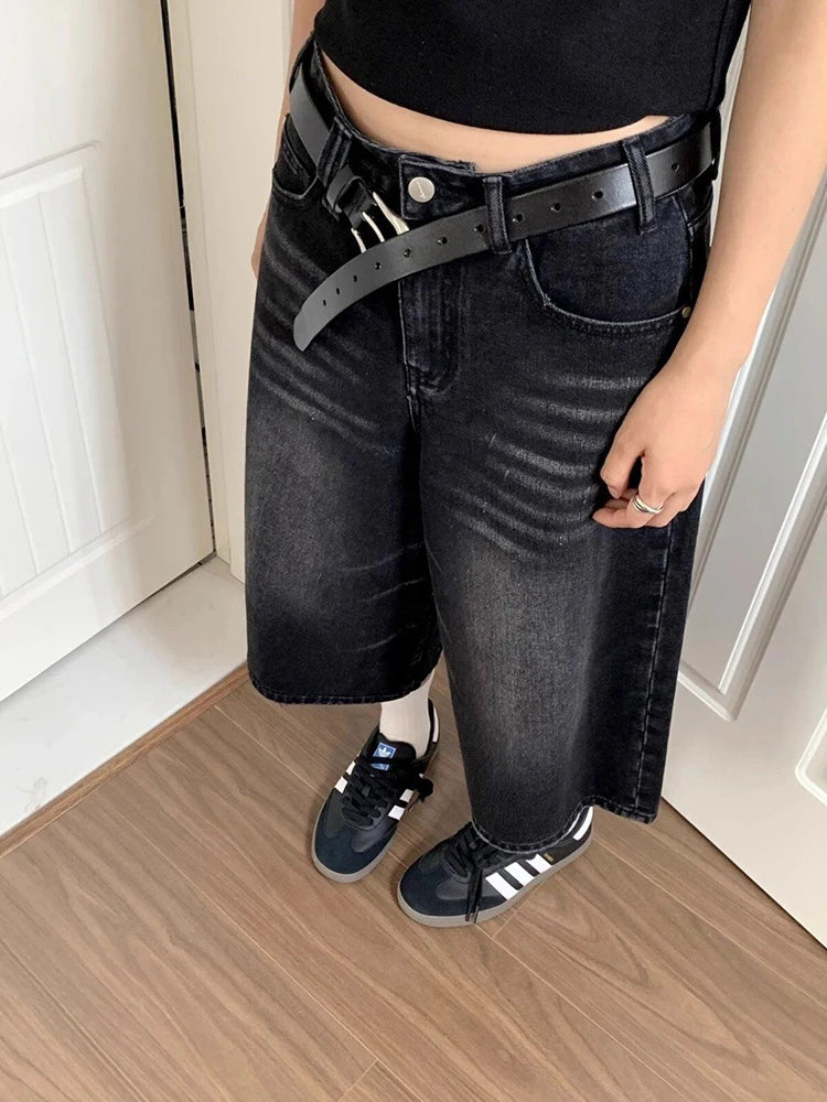 High Waist Black Retro Washed Denim Shorts Women's  Vintage Fashion Casual Loose Y2K Streetwear Mid Long  Wide Leg Pants