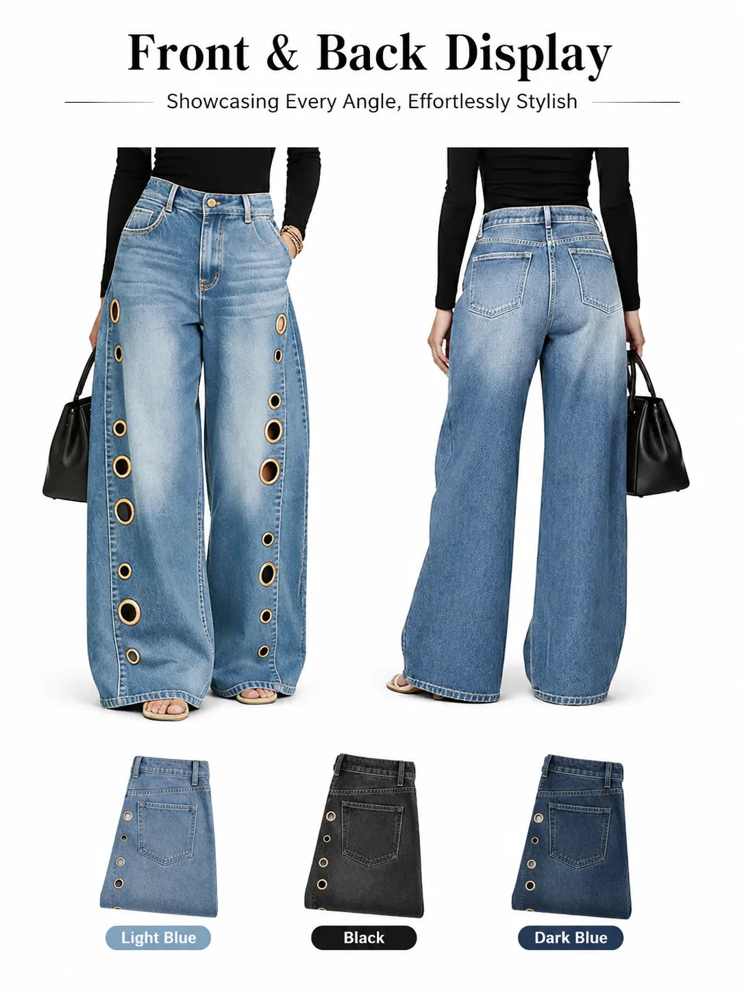 Women High Waist Wide Leg Jeans, Side Cutout Eyelet Rivet Denim Pants Loose Fit Hollow Out Flared Trousers Streetwear Fashion Baggy Jeans with Pockets